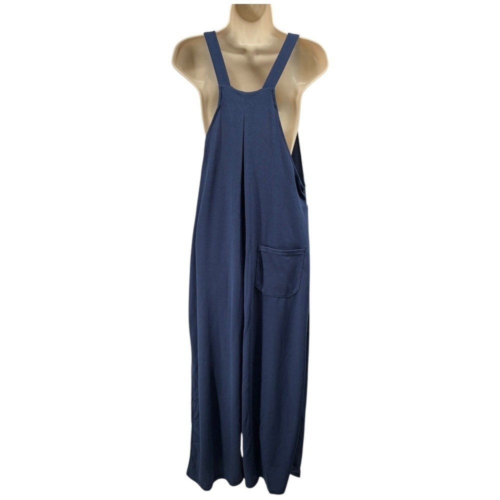 Halara Navy Waffle Knit Wide Leg Jumpsuit Button Strap Size M NWT - Picture 3 of 4